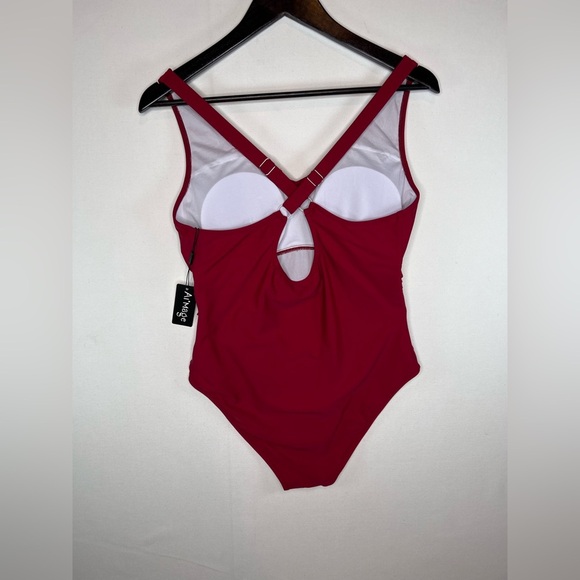 AI’Mage sz XL ruched tummy control v neck cross back one piece swimsuit wine red - Picture 5 of 7